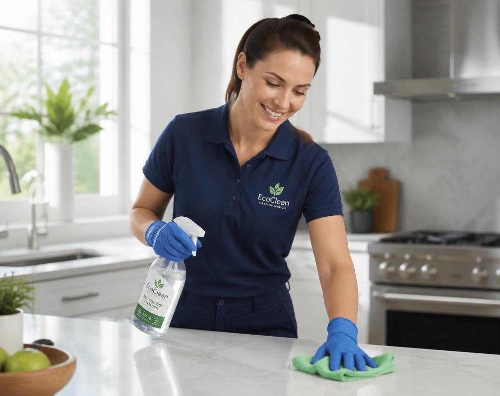 Prime Edge professional cleaner polishing a bright kitchen